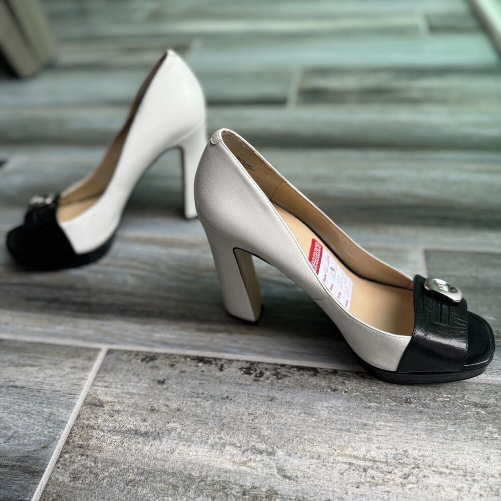 Nine West Get Some White and Black Heels 4.5" NWT Platform Peep Toe Size 6M